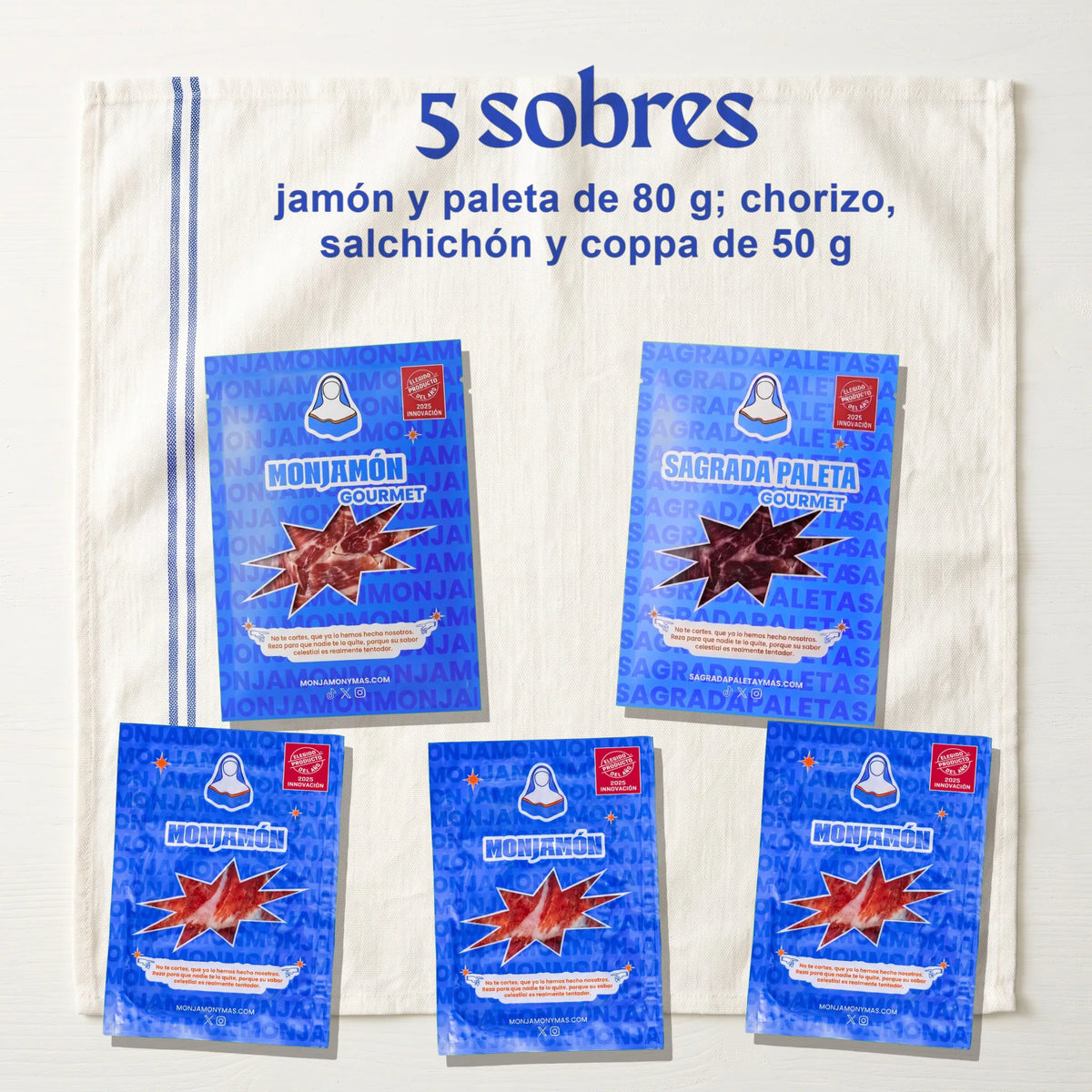 Cata Los 5 Elegidos – lo que llega: jamón y paleta en sobres de 80 g, y chorizo, salchichón y coppa en sobres de 50 g