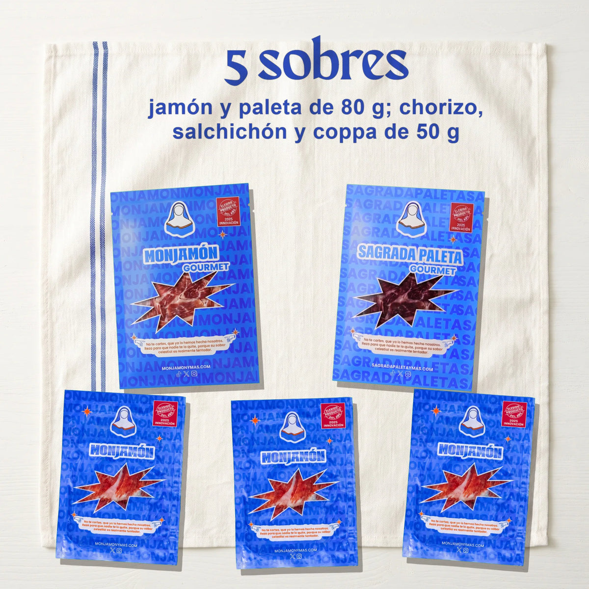 Cata Los 5 Elegidos – lo que llega: jamón y paleta en sobres de 80 g, y chorizo, salchichón y coppa en sobres de 50 g