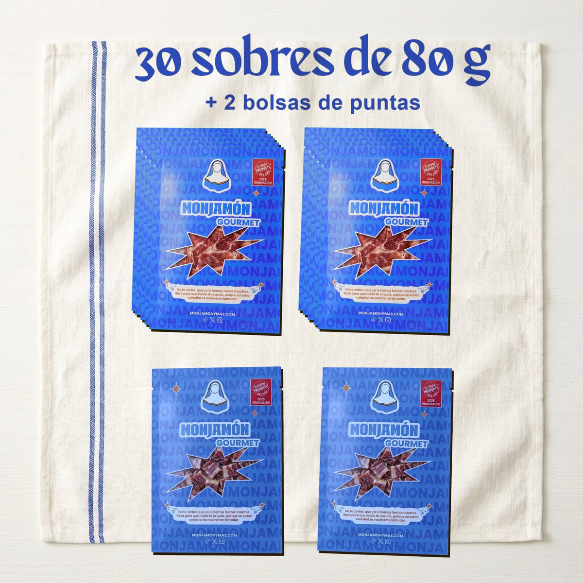 Jamón de Bellota 100% Ibérico +42 Meses Loncheado a Cuchillo · 30 Sobres 80 g + 2 Puntas – lo que llega: 30 sobres de 80 g y 2 bolsas de puntas