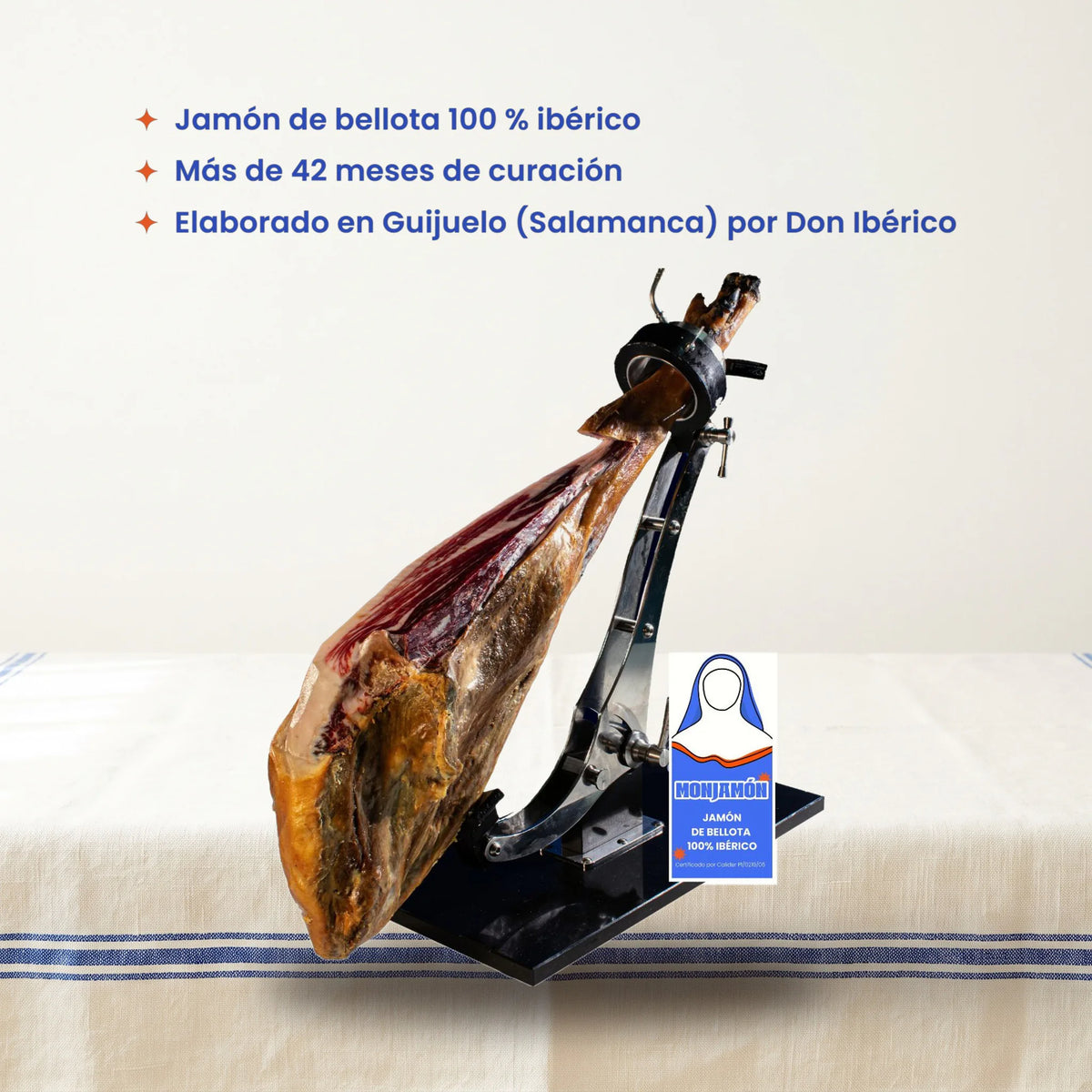 Jamón de Bellota 100% Ibérico +42 Meses · Certificado BRIDA NEGRA · Pieza grande 7-7,5kg – lo que llega: 1 jamón de 7-7,5 kg con su funda