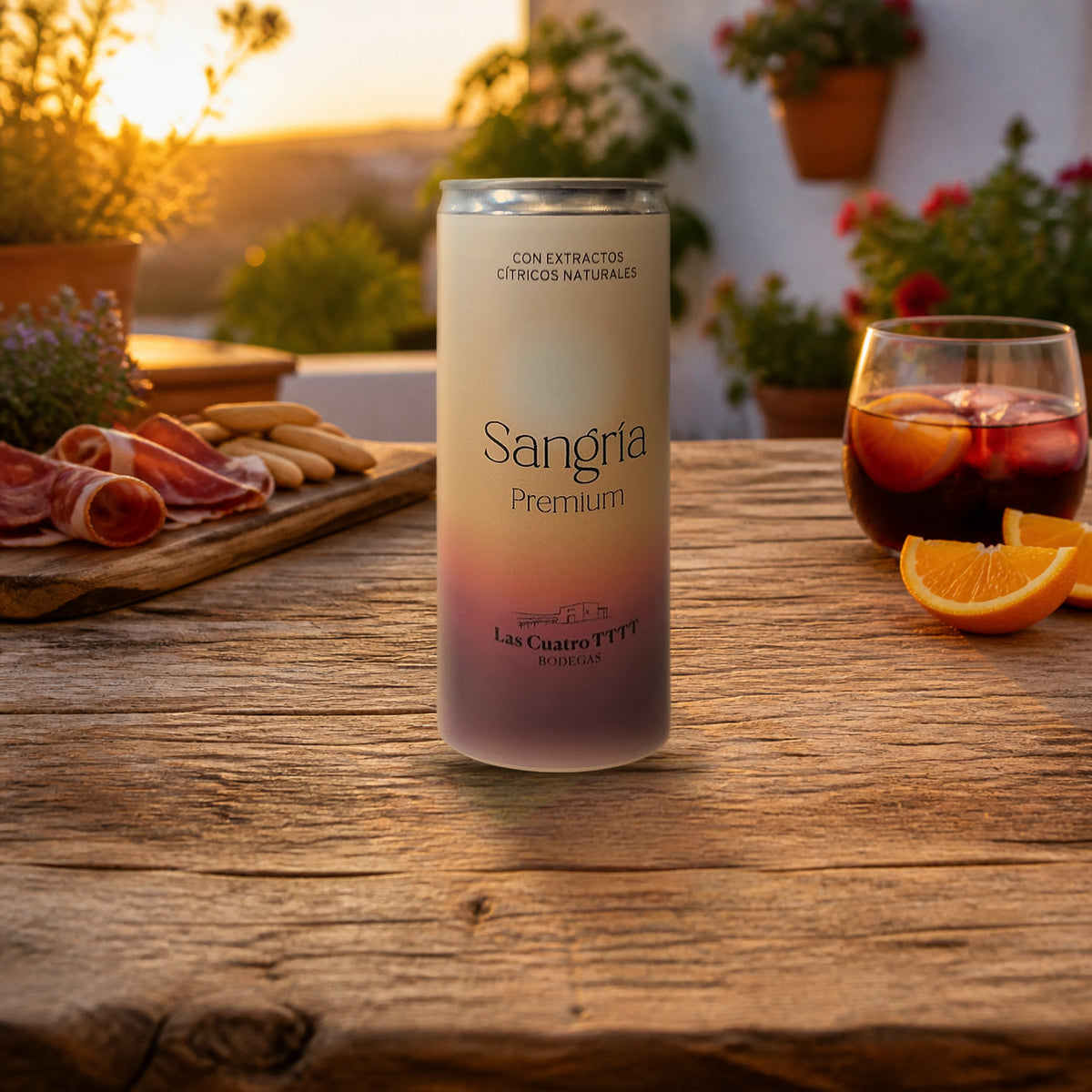 Lata de Sangría Premium Las Cuatro TTTT en una mesa de madera al atardecer, con un vaso de sangría con hielo y naranja y una tabla de jamón ibérico