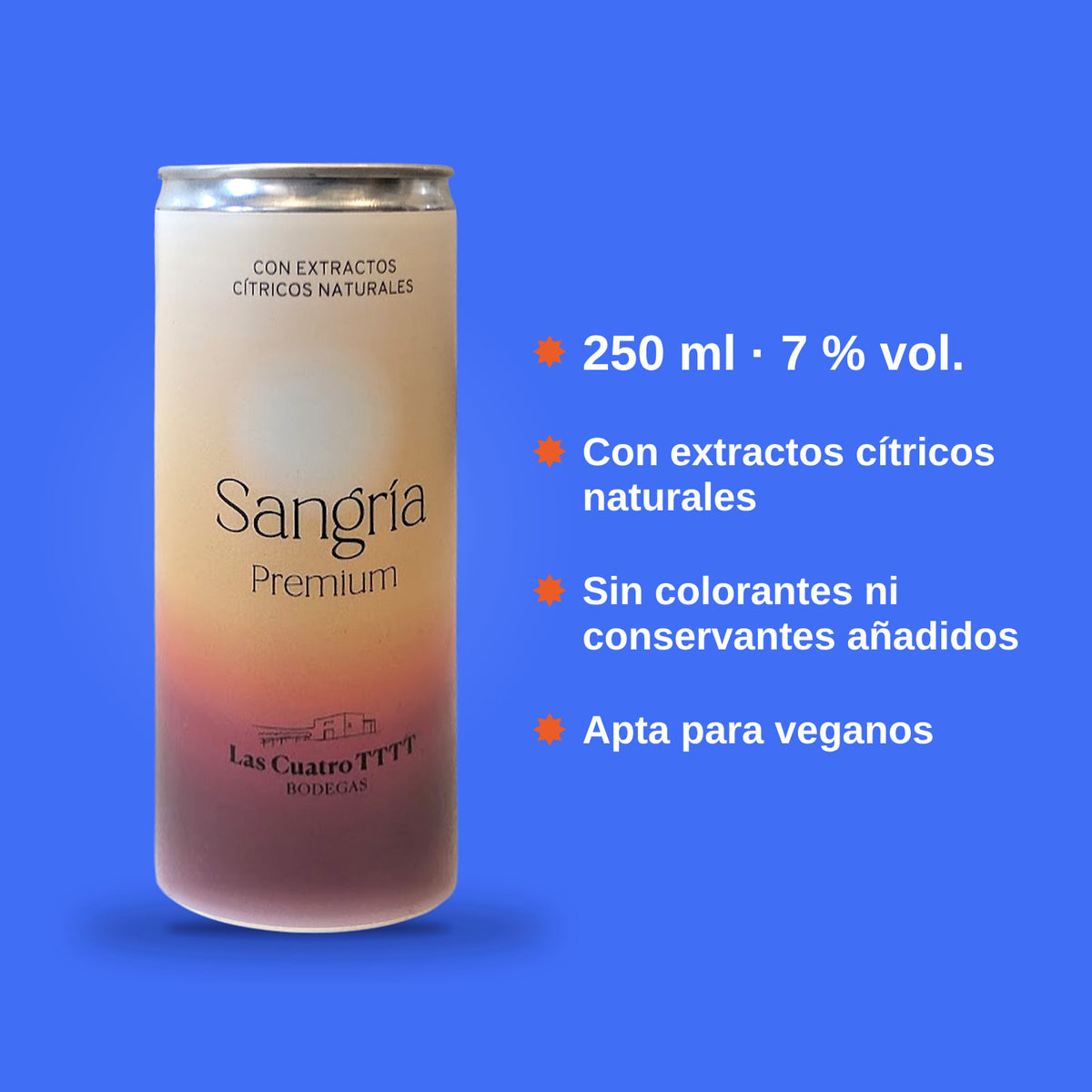 Datos de la Sangría Premium: 250 ml, 7 % vol., con extractos cítricos naturales, sin colorantes ni conservantes añadidos y apta para veganos