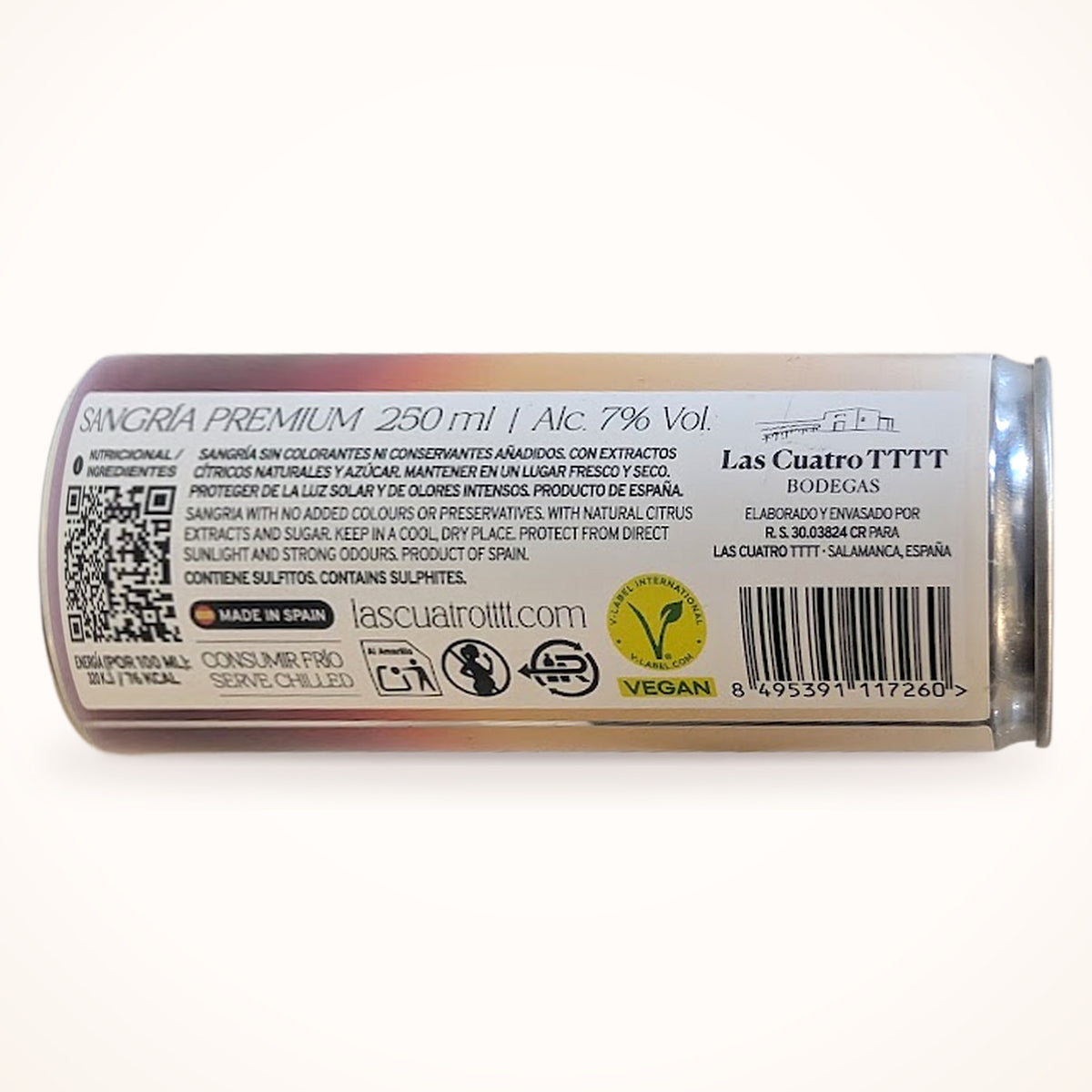 Etiqueta trasera de la Sangría Premium Las Cuatro TTTT con ingredientes, 250 ml, 7 % vol. y sello vegano V-Label