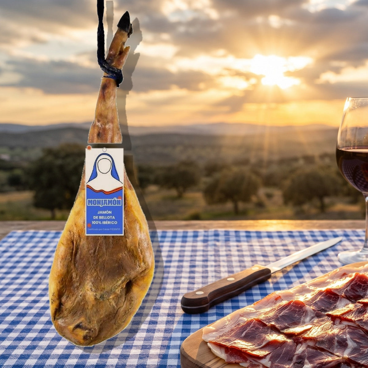 Jamón de Bellota 100% Ibérico +42 Meses Monjamón colgado sobre una mesa con mantel de cuadros y jamón loncheado a cuchillo al atardecer en la dehesa