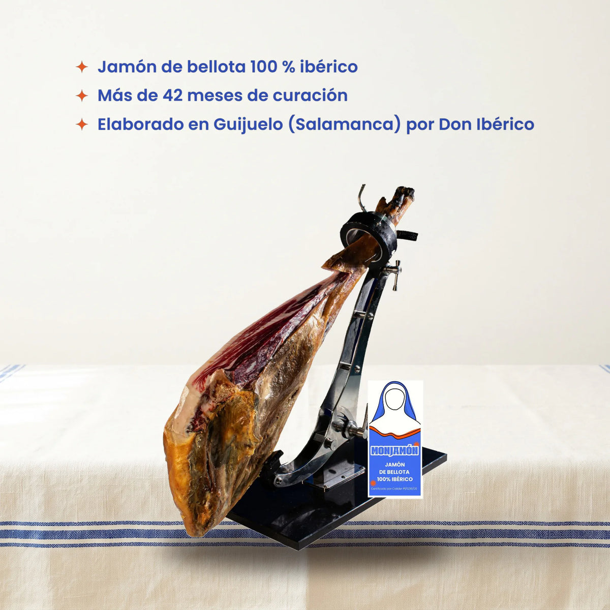 Jamón de Bellota 100% Ibérico +42 Meses · Certificado BRIDA NEGRA · Pieza pequeña 6,5-7kg – lo que llega: 1 jamón de 6,5-7 kg con su funda