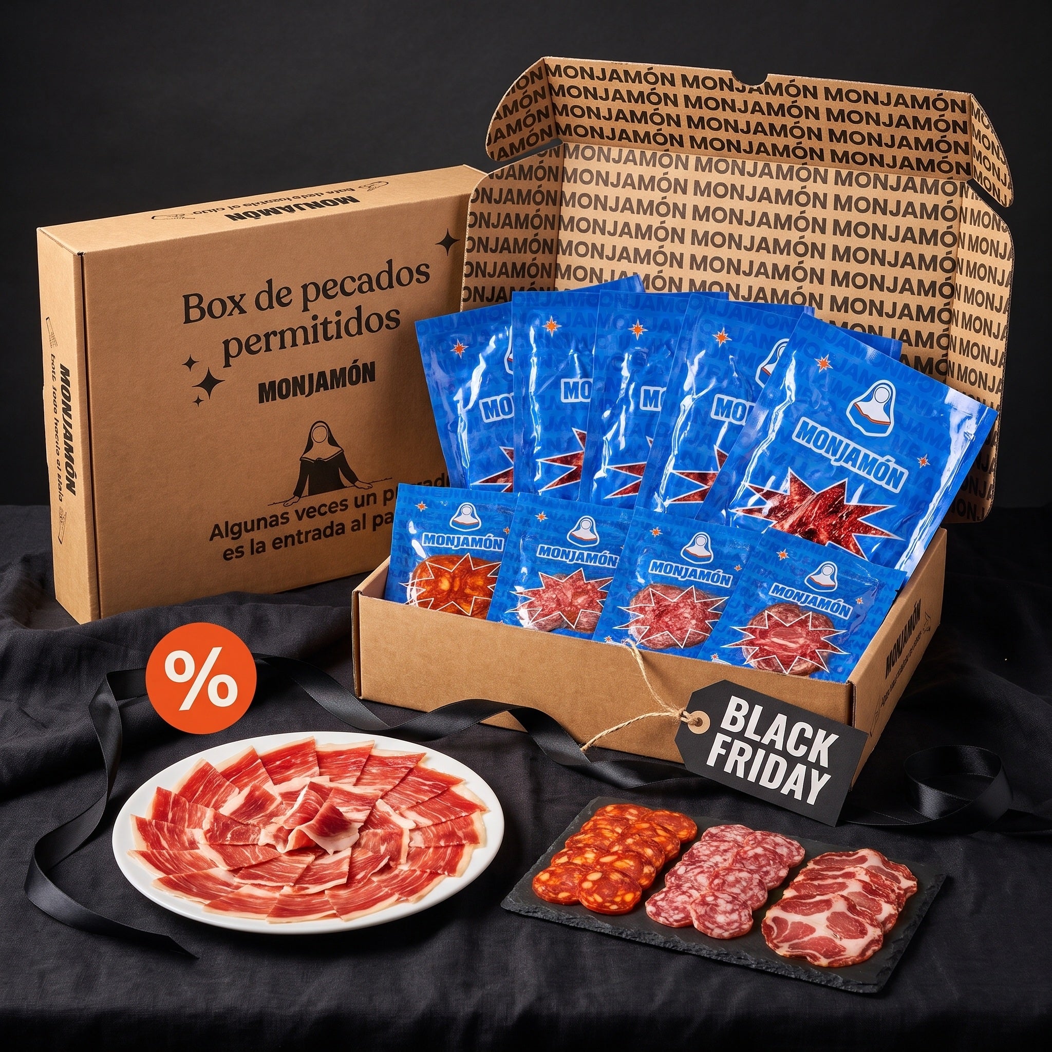 Pack Black Friday de Monjamón: 5 sobres de jamón de bellota 100 % ibérico y 6 sobres de embutido en su caja