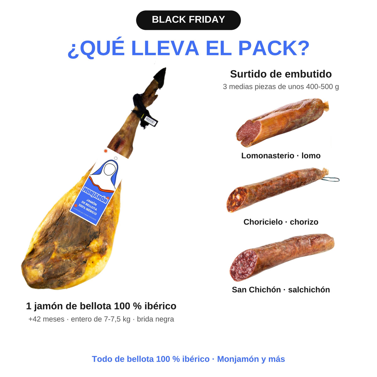 Qué lleva el pack: 1 jamón entero y medias piezas de Lomonasterio, Choricielo y San Chichón
