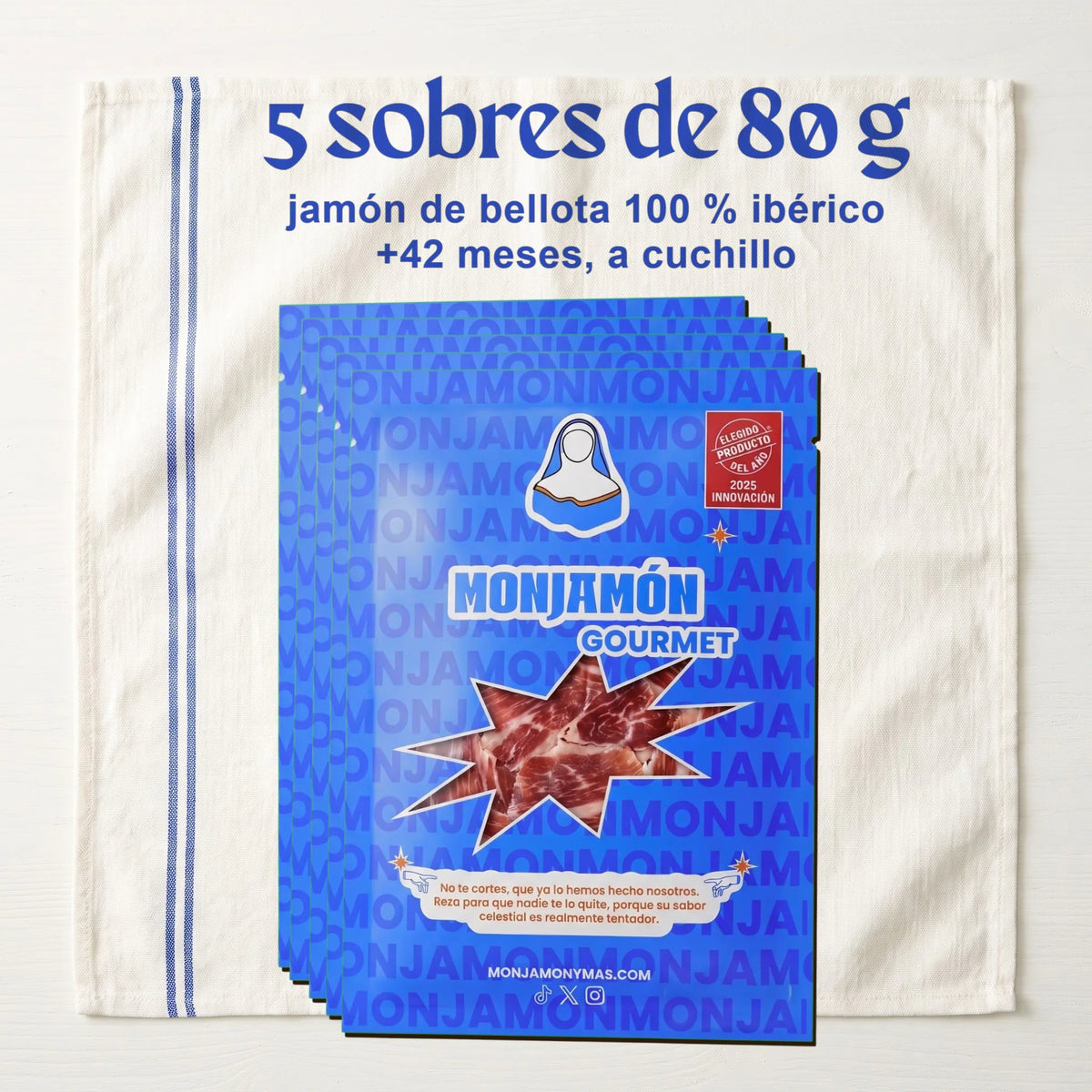 [Pack descuento] Sobres Jamón de Bellota 100% Ibérico +42 Meses · Loncheado a Cuchillo – lo que llega: 5 sobres de 80 g