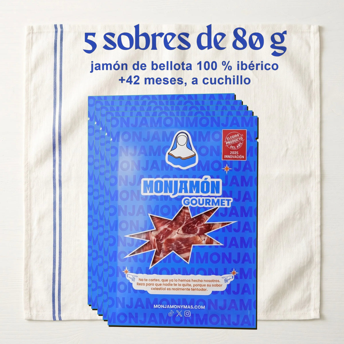 [Pack descuento] Sobres Jamón de Bellota 100% Ibérico +42 Meses · Loncheado a Cuchillo – lo que llega: 5 sobres de 80 g