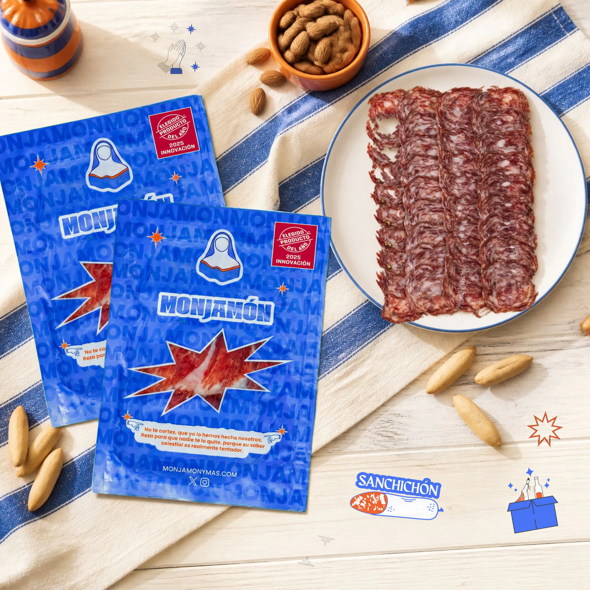 San chichón Loncheado · Salchichón de Bellota 100% Ibérico · 5 sobres de 50 g – vista desde arriba: un plato de San Chichón loncheado para compartir, con los sobres al lado